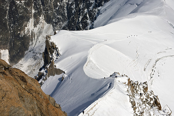 Alpinists on glacier, from Aguille de Midi, Mont Blanc